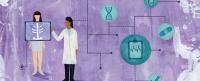 Illustration of a doctor examining a patient with an X-ray screen, surrounded by icons representing various medical elements